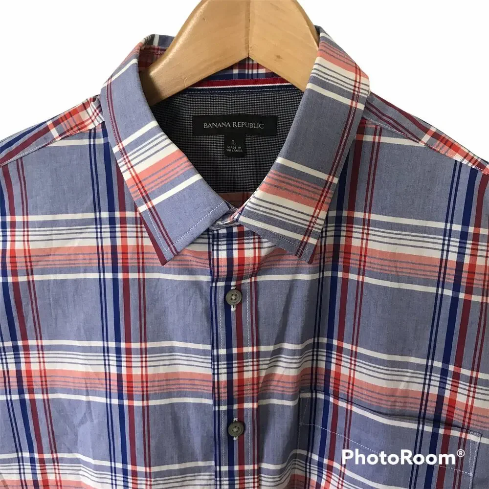 Banana Republic Shirt Mens Large Short Sleeve Blue Plaid Button Front w Stretch
